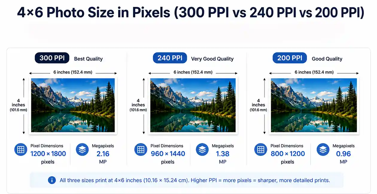 4x6 photo size in pixels at 300 PPI, 240 PPI and 200 PPI compared