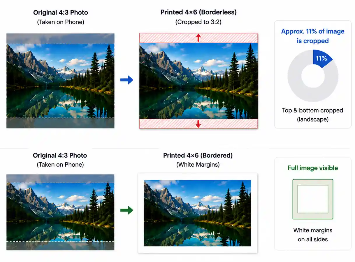 Diagram showing a 4:3 phone photo cropped or bordered for 4x6 printing