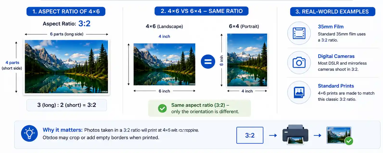 Infographic showing 4x6 photo aspect ratio equals 3:2 ratio