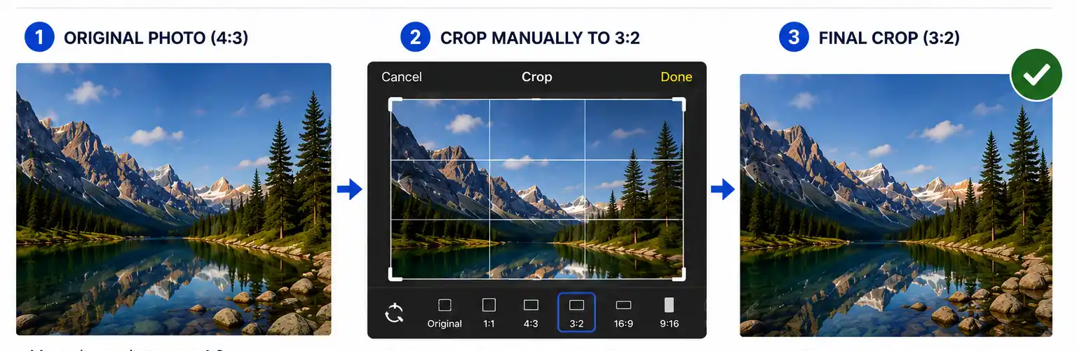 Crop a Photo to 3:2 Three steps showing a 4:3 photo cropped manually to a 3:2 aspect ratio