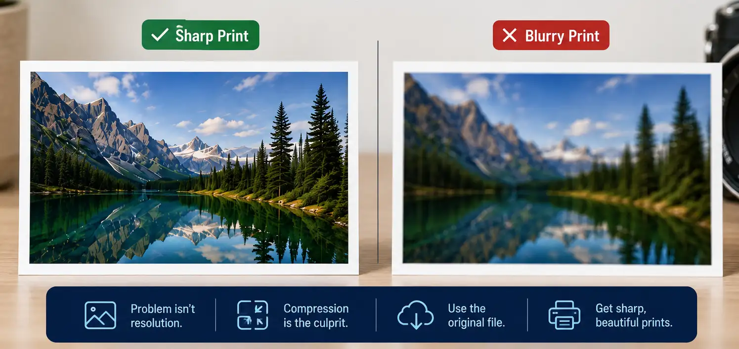 Sharp photo print next to a blurry print caused by file compression